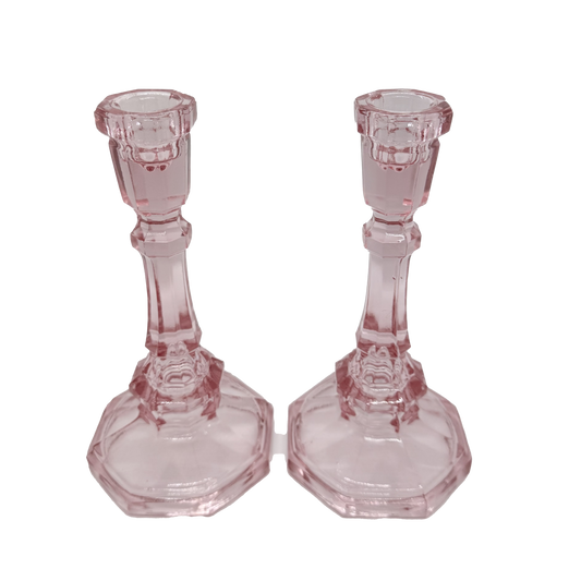 Pink L.E. Smith Dominion Candlesticks - standing