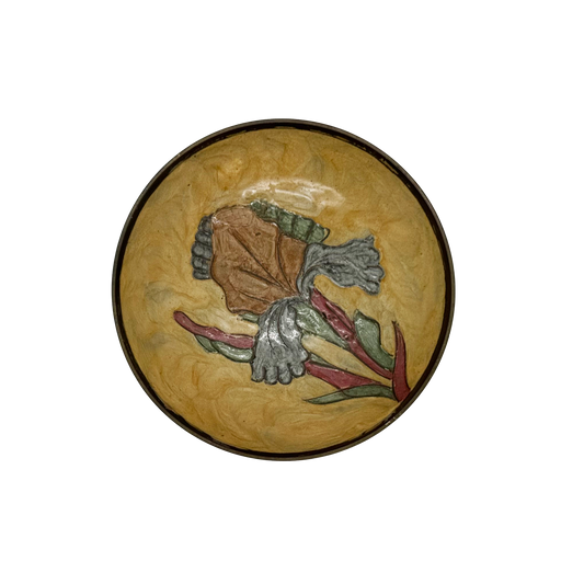 Floral Enameled Brass Pedestal Dish