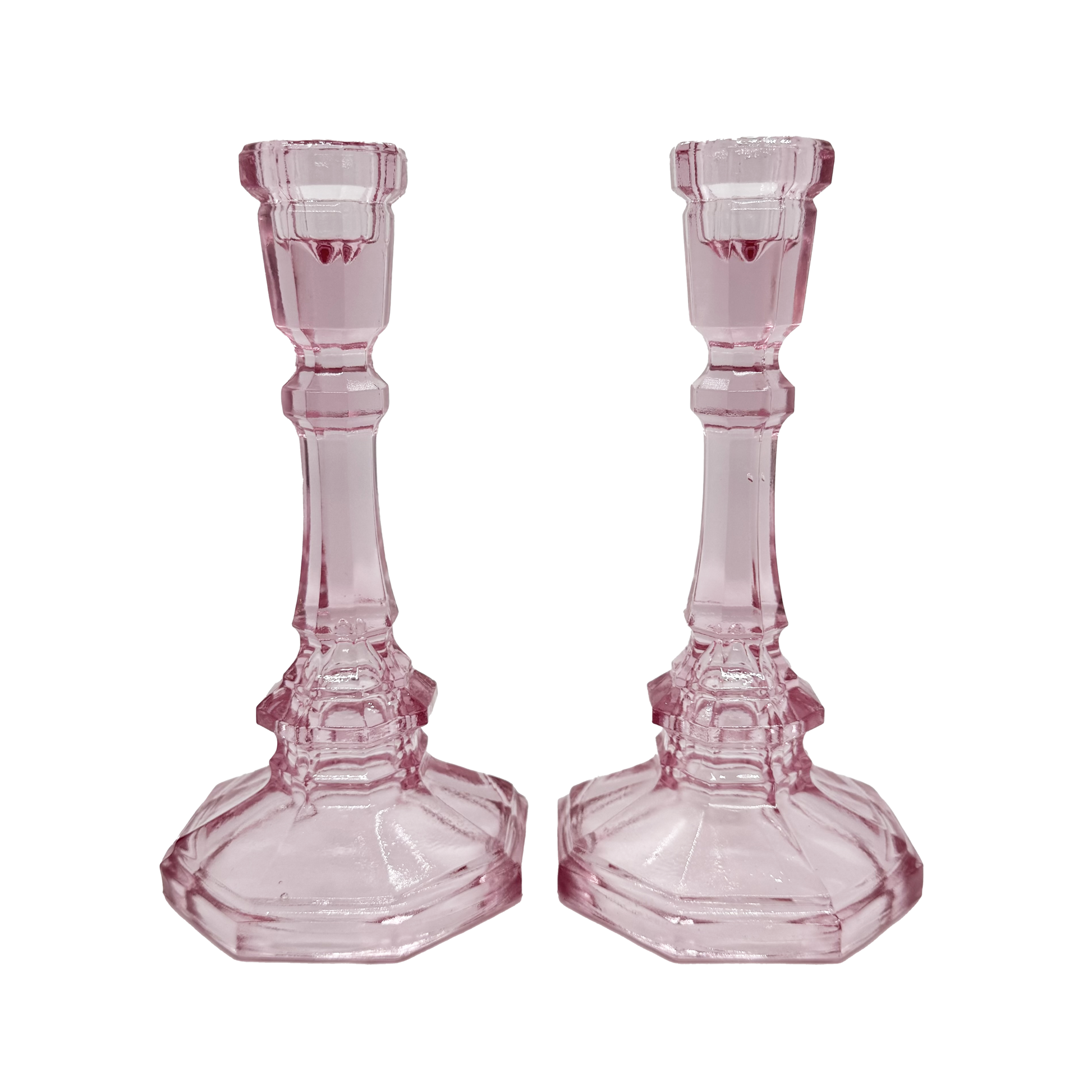 Pink L.E. Smith Dominion Candlesticks - standing