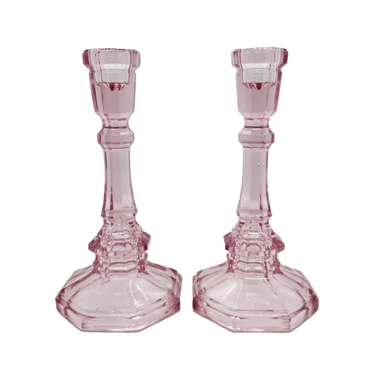 Pink L.E. Smith Dominion Candlesticks - standing