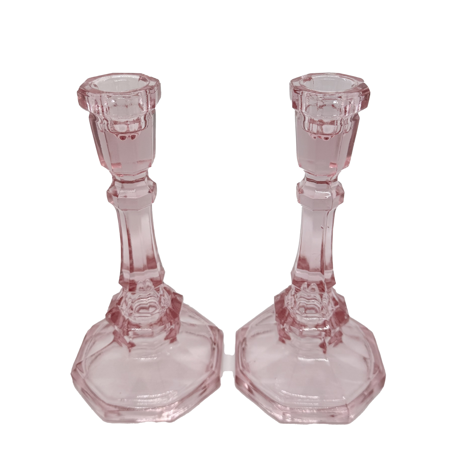 Pink L.E. Smith Dominion Candlesticks - standing