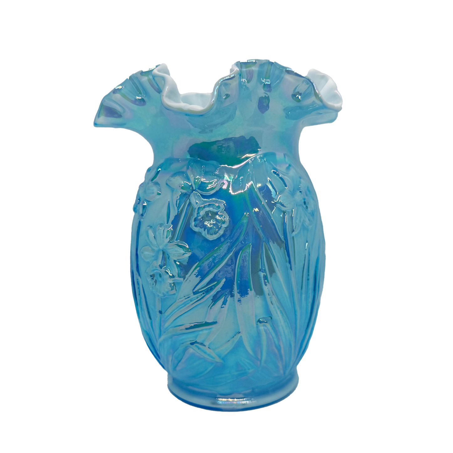 Cased Blue Iridescent Fenton Daffodil Vase