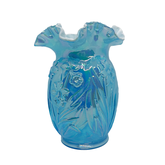 Cased Blue Iridescent Fenton Daffodil Vase