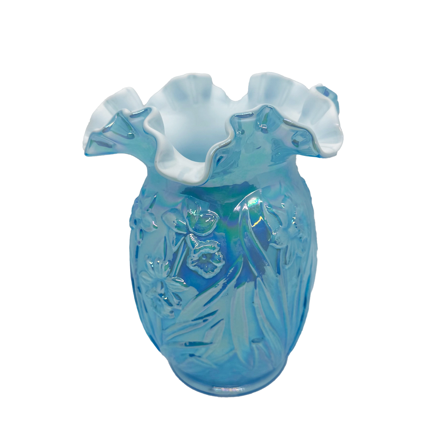 Cased Blue Iridescent Fenton Daffodil Vase
