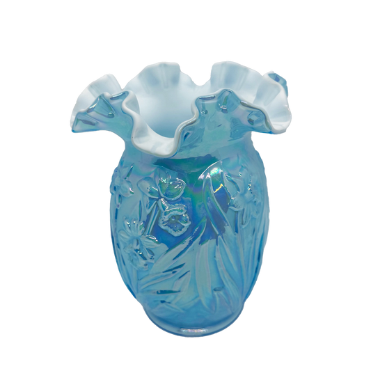 Cased Blue Iridescent Fenton Daffodil Vase