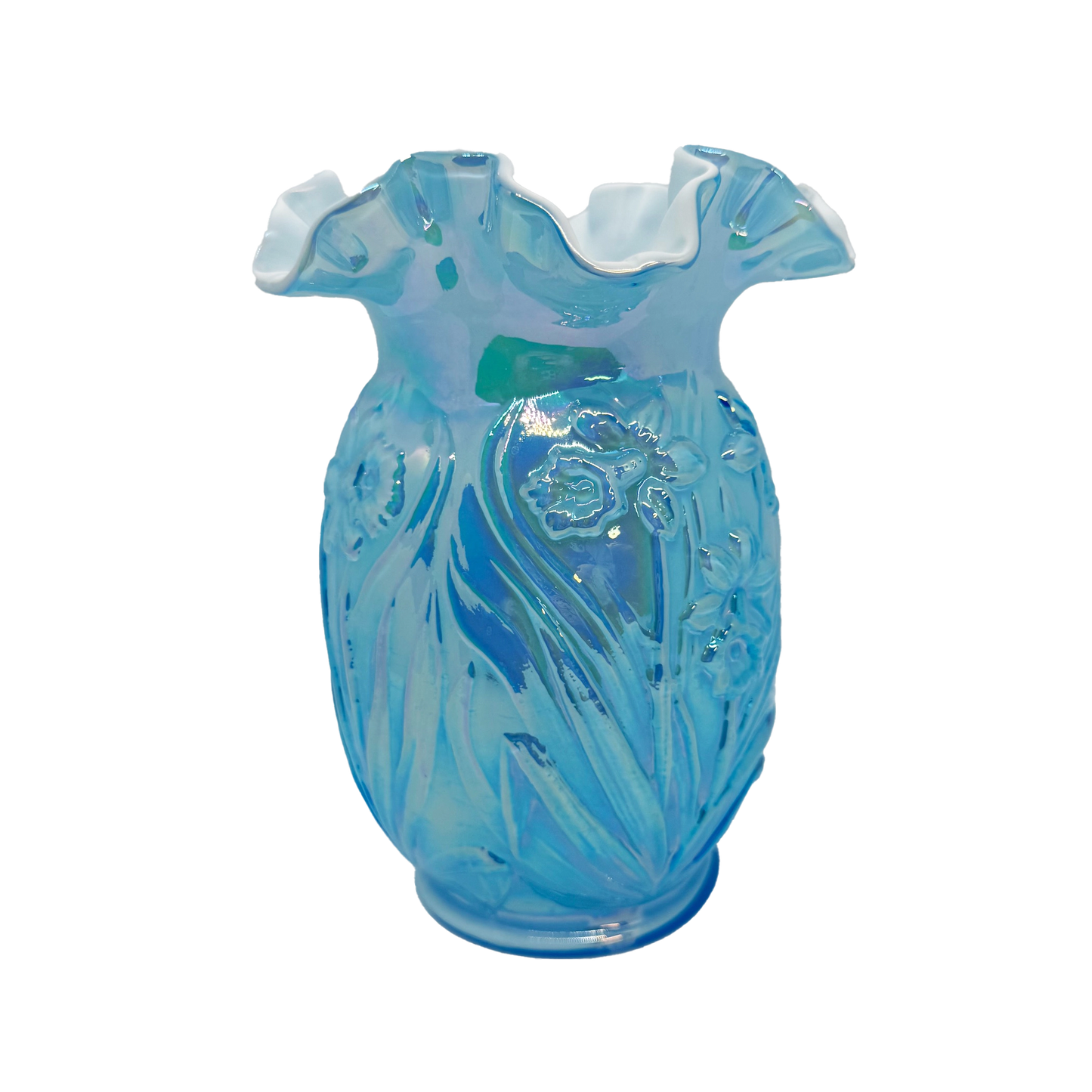 Cased Blue Iridescent Fenton Daffodil Vase
